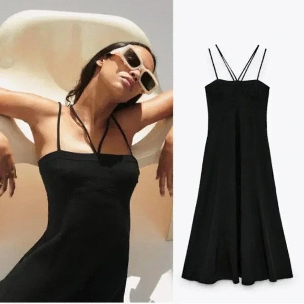 Zara Linen Blend Corset Midi Dress Black Bloggers Fav Sz Small NWT